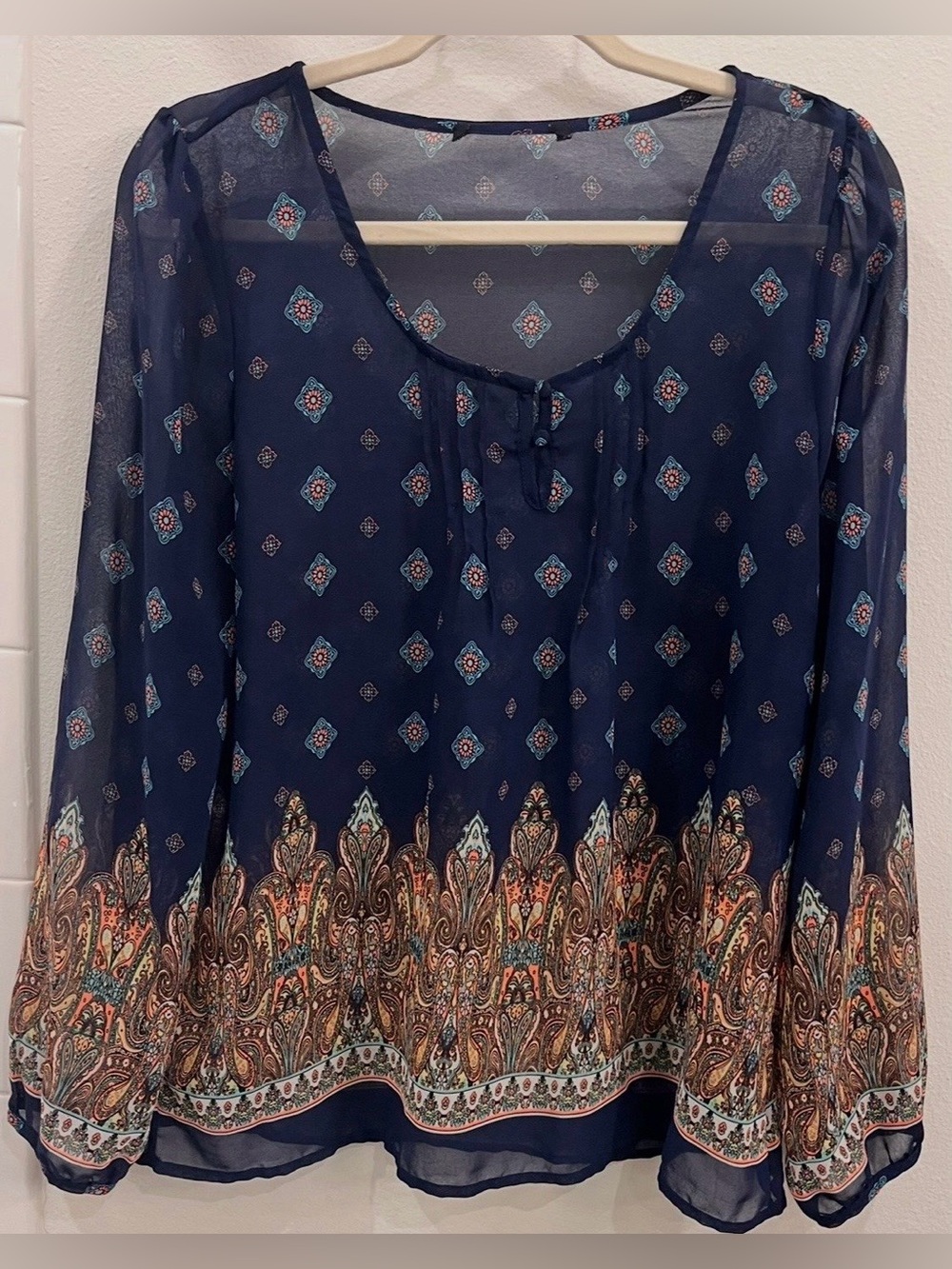 Women’s Peasnt Top Sheer Long-Sleeve Tunic Blouse